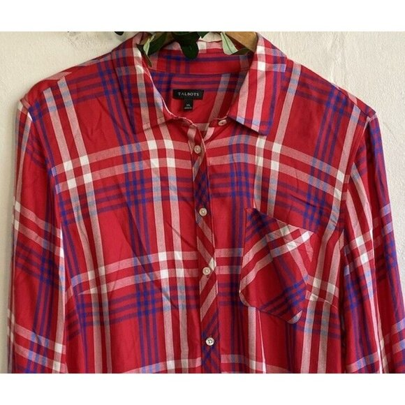 Talbots Button Up Shirt Plaid XL Red White Blue Long Sleeve Soft Rayon - Picture 2 of 9